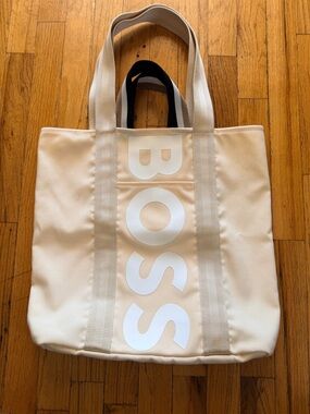 Boss Cream Canvas Tote with White Logo